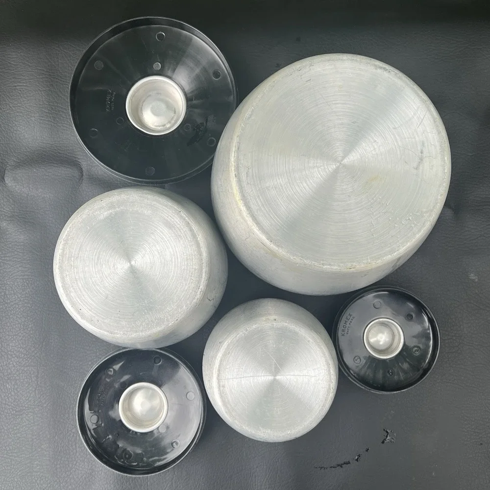 Vtg Kromex 3 Canister Spun Aluminum Flour Coffee Tea - Retro Kitchen Set w/lids